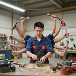 a maintenance worker man with multiple arms and hands, photorealistic, 4 k, wide angle, workshop