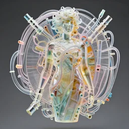 translucent, chrome, high quality, high detailed, translucent abstract sculpture, dieselpunk, hyperrealism, intricate details, tubes, cables, wires. octane, sss, connectors. tristan eaton, victo ngai, artgerm, rhads, ross draws, alphonse mucha, pastel colors, vintage, artstation, k rococo, baroque