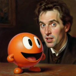 realistic portrait beautiful painting from scene in the pacman movie, when pacman turned into orange kirk. horror, created by thomas kinkade and gustave courbet, fine draw, high detailed, fine lighting, smooth draw, no anomaly.