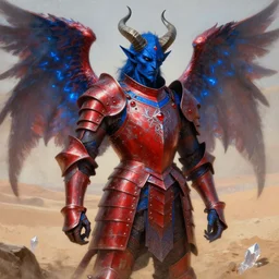 rococo style painting of full plate armor of crimson metal with azure blue lining and ruby studded worn by a horned dark blue skinned demon with glowing wings, desert background, magic, enchanted, intricate, crystal, dusty, soft light, 8 k, artstation trending, masterwork