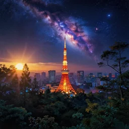 nature by wayne thiebaud, galactic tokyo lightpaint forest at dusk dramatic lighting at dawn myst nightsky azeroth synthwave cosmic dieselpunk sunlight, archdaily, wallpaper, highly detailed, trending on artstation.