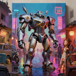 stylish caricature art of a bustling neon lit wet ajegunle slum in nigeria, mecha, photographed by vivian maier, unreal engine 3 d vfx render, digital illustration by mike winkelmann, intricate detail, sharp, volumetric light, ray tracing, soft light, colourful, claymation, wide angle lens, acrylic on canvas, cinestill 8 0 0 t,