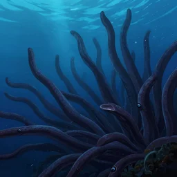 “a swarm of dark tentacles underwater, detailed anime art, underwater photography, deep ocean abyss, dark blue water background”