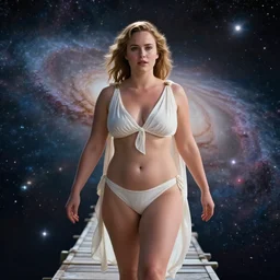 film still of curvy brie larson, focus on facial - detail!!!!!!, walking on an invisible bridge, similar to the bifrost, toward an endless abyss in space, wearing a white flowy bikini inspired by ancient roman clothing, beautiful astronomical background with galaxies and nebulas, lack of sunlight, 8 k resolution, cinematic lighting, anatomically correct, by christopher nolan