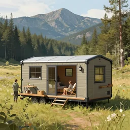 cabela's beautiful comfortable outdoors micro - compact modular hard shell pod house, family dwelling, quick assembly, person in foreground, mountainous forested wilderness open fields, beautiful views, painterly concept art, joanna gaines, environmental concept art, farmhouse, magnolia, concept art illustration by ross tran, james gurney, by craig mullins, by greg rutkowski