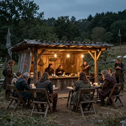 A tavern filled with adventurers, medieval fantasy, warm lighting, wide shot, photorealistic