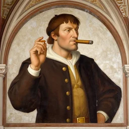 church fresco depicting Duke Nukem smoking a cigar painted by Leonardo Da Vinci, sunglasses, video game character, renaissance, intricate, highly detailed