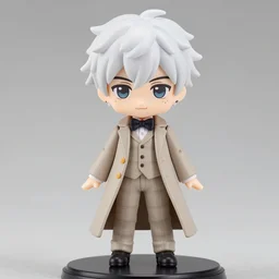 nendoroid aziraphale from good omens, good omens tv series, white curly short hair, beige suit, long coat, beige tartan pants, bow tie, michael sheen