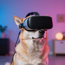 a dog wearing cybernetic VR glasses with wires surrounding him in a colorful atmosphere background