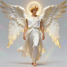 full figure beautiful young fit male angel, no feet, with curly blond hairs, dressed with fluent clothes, majestic wings, luminous halo, by greg rutkowski and alphonse mucha, d & d character, gradient white to gold, in front of an iridescent background, highly detailed portrait, digital painting, artstation, concept art, smooth, sharp focus illustration, artstation hq
