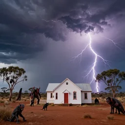 massive australian thunderstorm with lightning and a multitude of demons and monsters approaching a small white wooden church in the outback