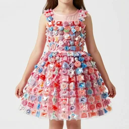 high quality, award winning photo of a girl in a dress. the dress is made out of candy wrappers