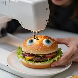 a woman sewing human eyes onto a burger, 4 k, hyper realistic,