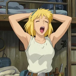 Portrait of a tank top-clad blonde female airship mechanic stretching and yawning in her cramped bunk, steampunk, defined facial features, highly detailed, animation cel, official anime screenshot, Kyoto Animation, Studio Ghibli, Makoto Shinkai, Alphonse Mucha
