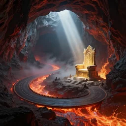 a epic concept art by barlowe wayne, ruan jia and greg rutkowski. a winding road to fantasy cave palace of bad omens!! underground magma river. fier in fog!! dante's divine comedy, light effect. a beam of light fell on the stone throne!! 3 d, ultra clear detailed. octane render. 8 k. dark red, light grey blue and golden colour scheme.