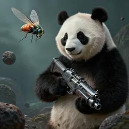 masterpiece concept art of a panda with a sci fi gun, a beautiful highly detailed sci - fi lady fly near asteroids, extremly emotional, cinematic moody colors, realistic shaded lighting poster by ilya kuvshinov, magali villeneuve, artgerm, jeremy lipkin and michael garmash and rob rey,