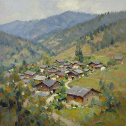 beautiful mountain village, oil painting, oil in canvas, brushstrokes
