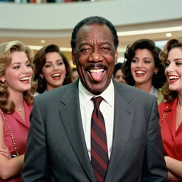 color film still of actor Bill Cosby with an evil grin and licking lips while surrounded by a group of young beautiful women laughing at the mall in the year 2020
