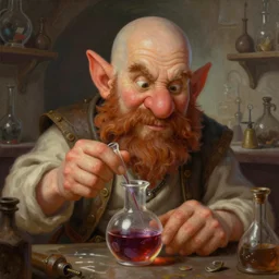 a beautiful portrait painting of a bald dnd alchemist gnome in his 3 0's with brown beard and big nose mixing a potion in medieval lab, artstation fantasy gnome, deviantart fantasy gnome, world of warcraft gnome portrait, pathfinder gnome, art by keith parkinson and greg rutkowski and tim hildebrandt