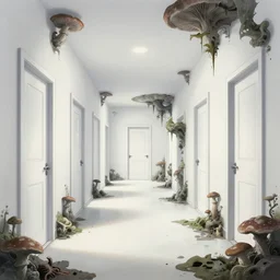 a bright white hallway with many doors and stairs full of fungus and mushrooms and rot, Mc Escher architecture, epic composition, decay, by makoto shinkai