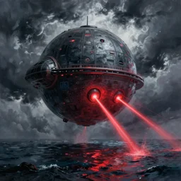 A beautiful matte painting of huge spherical alien spaceship attacking with powerful red lasers Ship in ocean in thunderstorm by Greg Rutkowski and Ivan aivazovsky