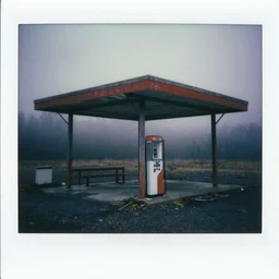 polaroid abandoned gas station, dark moody, foggy, scary