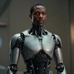 a science fiction film still of a black man as a cybernetic cyborg, surrealism, film photography