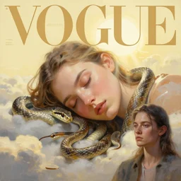 3 d, sci - fi, morning, sleepy fashion model face, sun, cinematic, clouds, sun rays, vogue cover style, poster art, light yellow mood, snakes, realistic painting, intricate oil painting, high detail, figurative art, multiple exposure, poster art, 3 d, by tooth wu and wlop and beeple and greg rutkowski