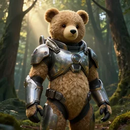 Crysis Nanosuit worn by a fluffy teddybear without an helmet, a forest with rays of light coming through the canopy, masterpiece, dystopian, sci-fi, extremely detailed, digital painting, sculpted in zbrush, artstation, concept art, smooth, sharp focus, illustration, chiaroscuro lighting, golden ratio, incredible art, artgerm, greg rutkowski, alphonse mucha, simon stalenhag, carravaggio