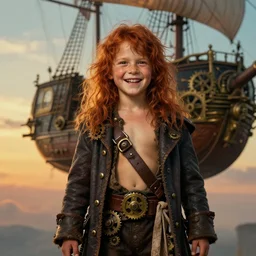 realist portrait painting of a 3 5 years old rugged joyful long long hair soft hair crimson hair male pirate minimalist long coat upper body elegant muscular rugged handsome steampunk wood brass gears ornate mechanical zeppelin airship in upper background sky sunset golden hour fantasy rugged character art cinematic lighting art by mucha rutkowski artgerm