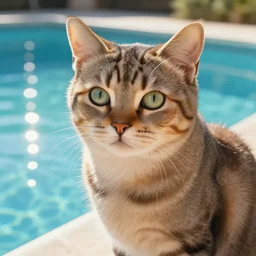 closeup portrait of a cat sitting next to a swimming pool, bright, reflections, intricate, sharp focus, lens flare, bloom, illustration, highly detailed, digital painting, concept art, matte, art by ruan jia and wlop and greg rutkowski, masterpiece