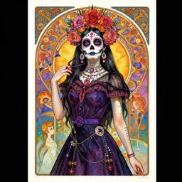 realistic detailed psychedelic poster art of a cute punk goth fractal Día de los Muertos girl posing by Victor Moscoso Rick Griffin Alphonse Mucha Ayami Kojima Amano Charlie Bowater, masterpiece
