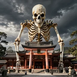 Huge monster skeleton, in front of the temple, by Gerald Brom, Japanese Torii Gate