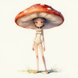 Portrait of a thin girl in full height, elegant pose, a huge toadstool hat on her head, large eyes without a pupil artstation, watercolor, highly detailed,