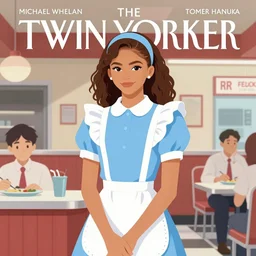 Twin Peaks poster artwork, portrait of Zendaya wearing light blue color diner waitress dress, she is a high school student working in the RR diner from Twin Peaks, from scene from Twin Peaks by Michael Whelan, Bob Larkin and Tomer Hanuka, simple illustration, domestic, nostalgic, clean, full of details, by Makoto Shinkai and thomas kinkade, Matte painting, trending on artstation and unreal engine, New Yorker magazine cover