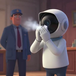 a wholesome animation key shot of a sentient surveillance camera sneezing on a bank robber, medium shot, waist up, pixar and disney animation, sharp, rendered in unreal engine 5, anime key art by greg rutkowski, bloom, dramatic lighting