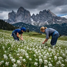 alpine _ female farmers _ head _ being _ overgrown _ by _ edelweiss _ dolomites _ dark _ vintage photography _ eerie _ despair _ portrait _ photography _ artstation _ digital _ art _ adward _ winning