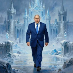 insanely detailed painting of benjamin netanyahu'walking towards a medieval icy kingdom in background, by ted nasmith