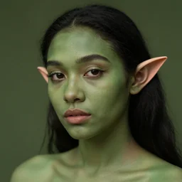 a person with an earthy green skin tone and horizontal elf ears