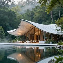curved roof planes lift and descend creating shade and architectural expression, highly detailed, situated in the forest, next to a highly reflective lake, marble, vivid color, high resolution photography, mist, luxury