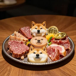 a charcuterie board of doge face, shiba inu meat, doge meme flesh, dogecoin form, shiba inu dog, pieces of doge in the silver plate, wooden table, exquisite restaurant, five stars michellin, professional food shot, gourmet dish, with few veggies. low light, bokeh, masterpiece.