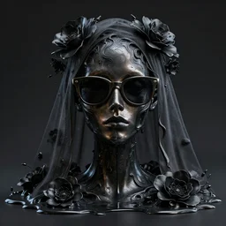 a head made out of melting metal, dark palette, it is wearing sunglasses and and a veil, there are flowers all around it, black paint melting, vogue cover style, demonic style, smooth fractal style, ethereal fantasy style, 3 d perfect render style, horror style, corpse bride style, 3 d perfect render style