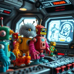 fuzzy furry plush toys of colorful tin - toy robots, inside the control room of a spaceship