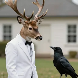 a deer wearing a white formal coat talking to a crow, hyperrealistic, concept art, octane render, unreal engine 5, trending on DeviantArt, highly detailed, high quality, 8K, soft lighting, cute, natural lighting, realistic face, trending on Artstation, elegant clothes, profile picture, path traced, house background