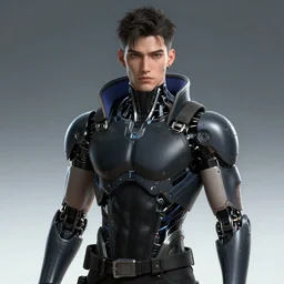 Cyberpunk handsome male android with discreet facial implants. Detailed character portrait from the waist-up. Trending on ArtStation