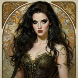 a beautiful painting buffy the vampire slayer as poison ivy, dark eyeliner, intricate, elegant, highly detailed, digital painting, artstation, concept art, matte, sharp focus, illustration, art by rebecca guay and by arthur rackham and by alphonse mucha and by john william waterhouse