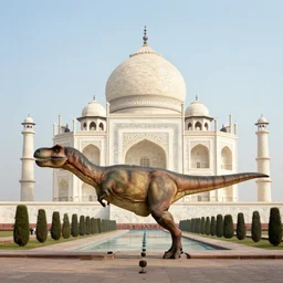 a photo of t-rex roaming around the Taj Mahal long shot iso 100_