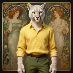 Character portrait of a albino furry anthro albino mountain lion wearing a yellow button-down shirt and olive green slacks, intricate, elegant, highly detailed, digital painting, artstation, concept art, smooth, sharp focus, illustration, art by Krenz Cushart and Artem Demura and alphonse mucha