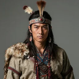 medium shot portrait, takeshi kaneshiro as a brave tribal king, tribal headwear, detailed, concept art by artem priakhin