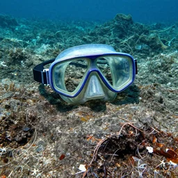 rocky sea floor vibrant glimmering thin contours avant garde collage fresco, abandoned scuba visor